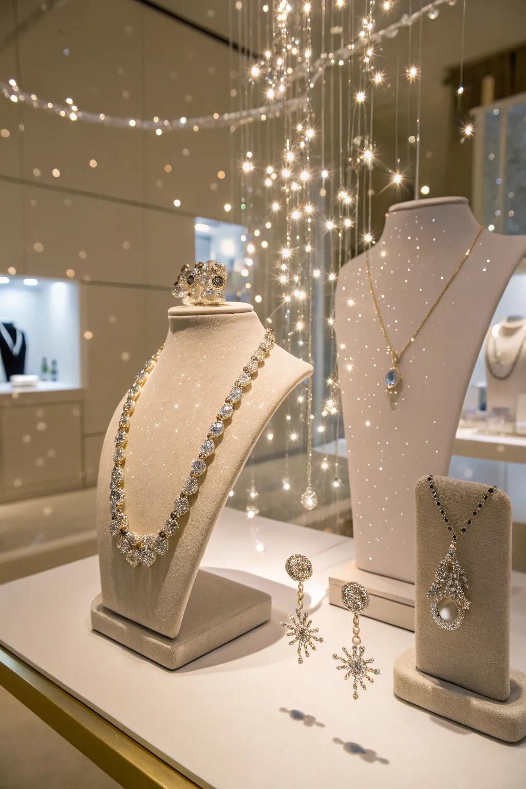 Introduce a magical effect with jewelry displays that appear to float.