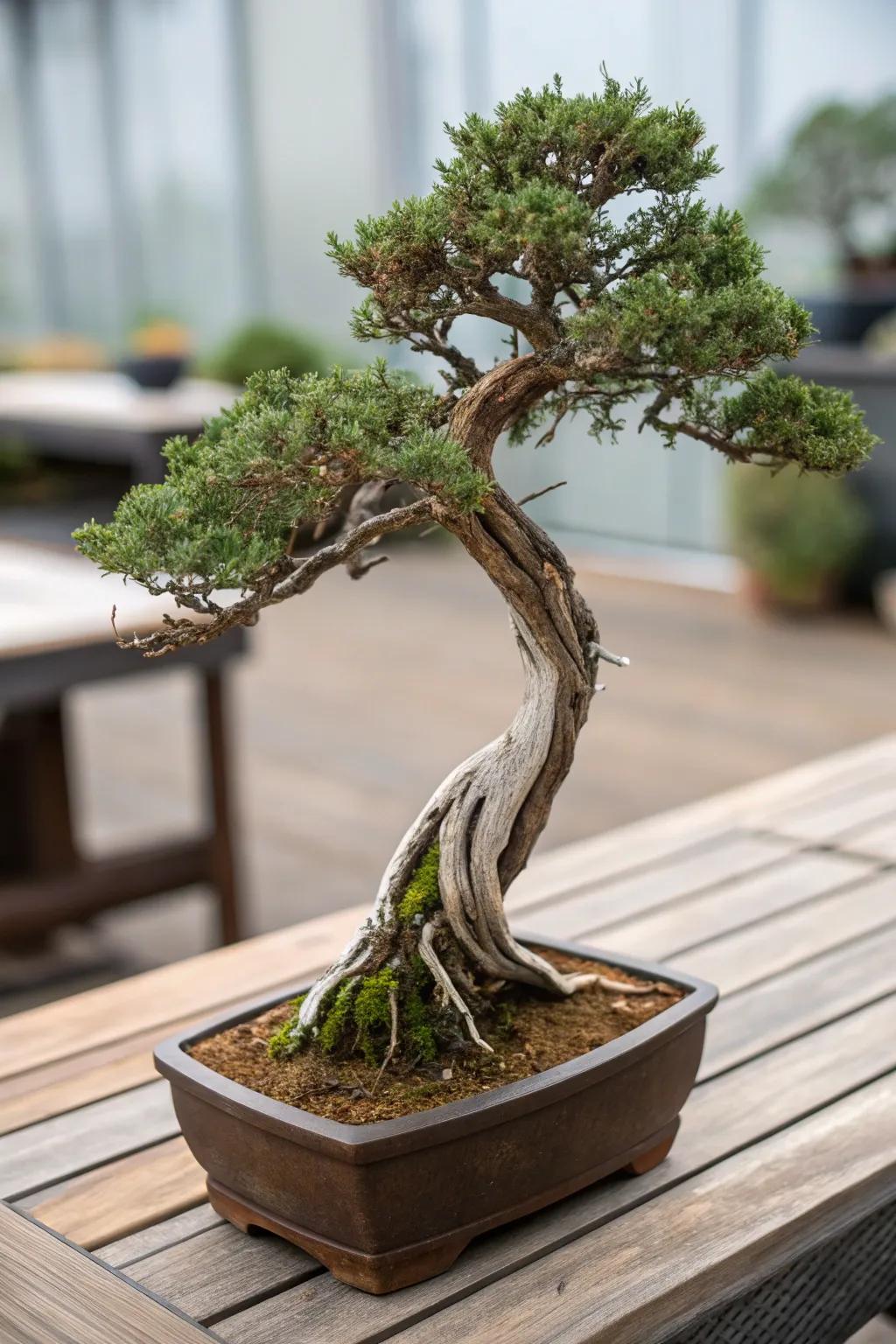 A decorticated juniper bonsai showcasing its dramatic exposed timber.