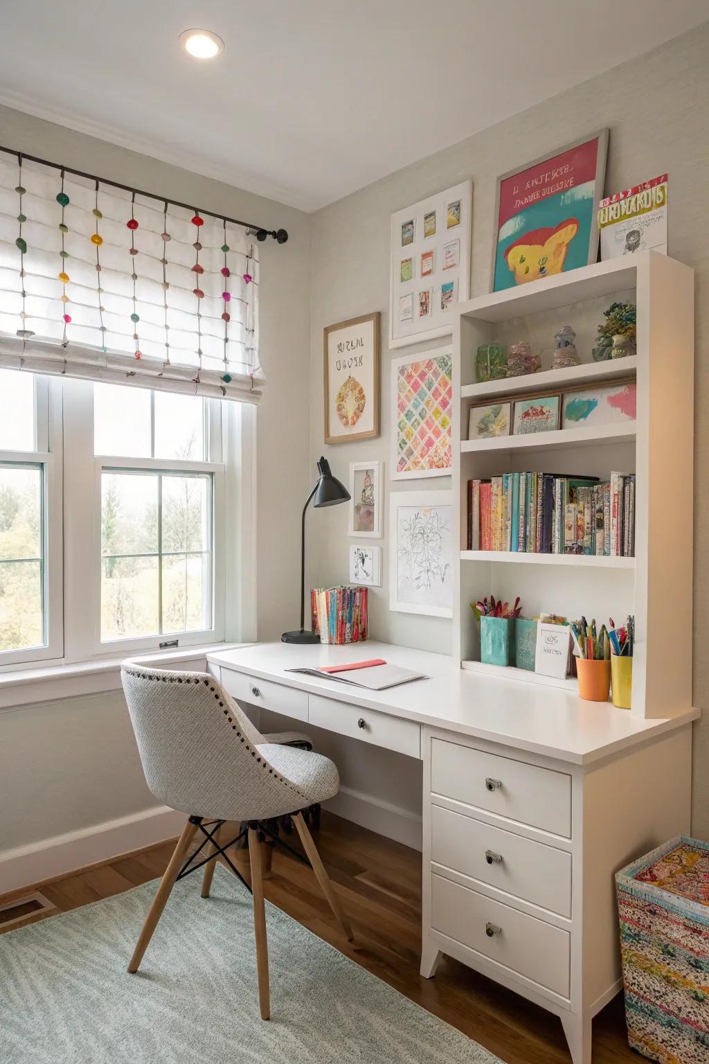 A partition-affixed desk uniting elegance with functionality.