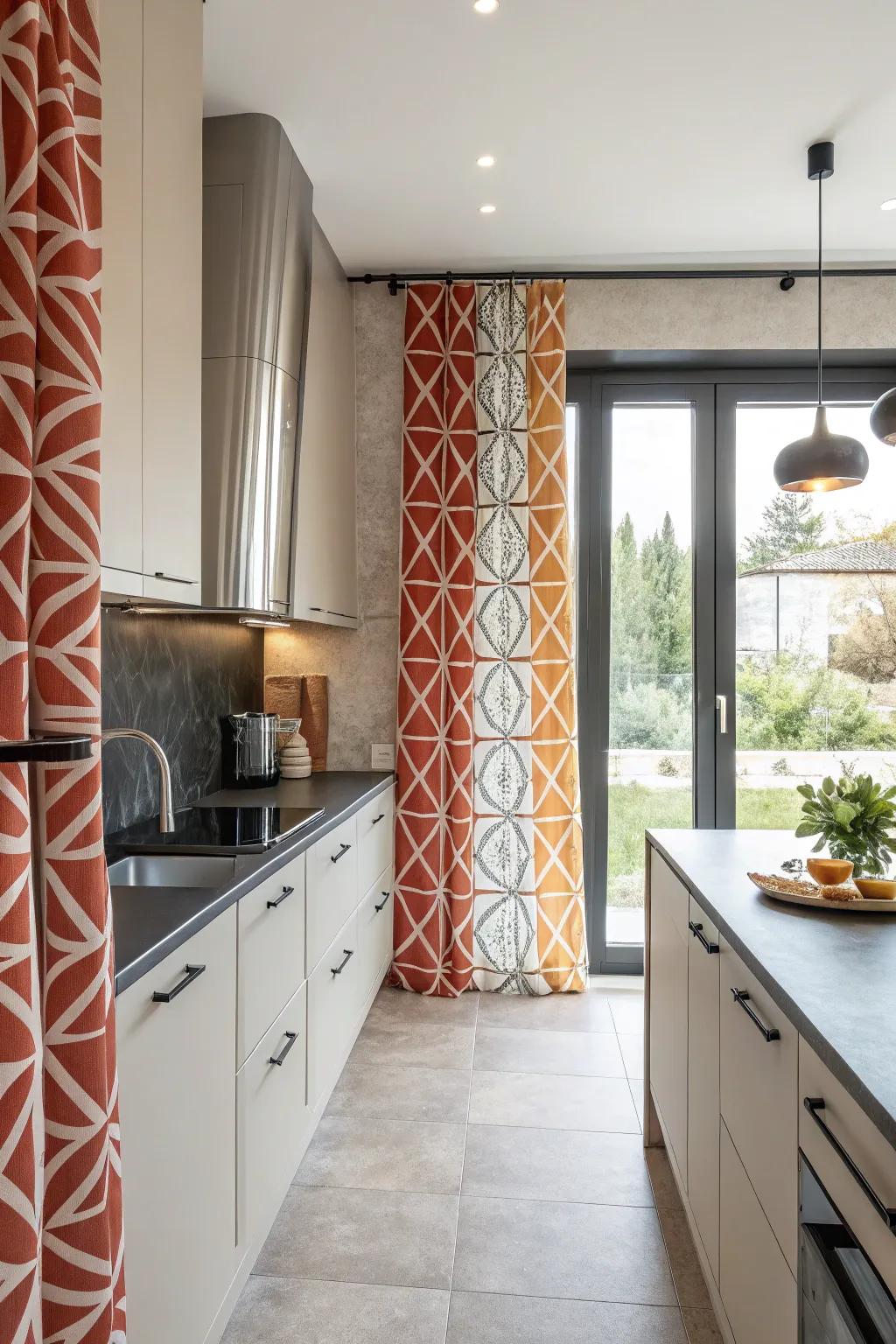 Geometric patterns append a contemporary flair to culinary window coverings.