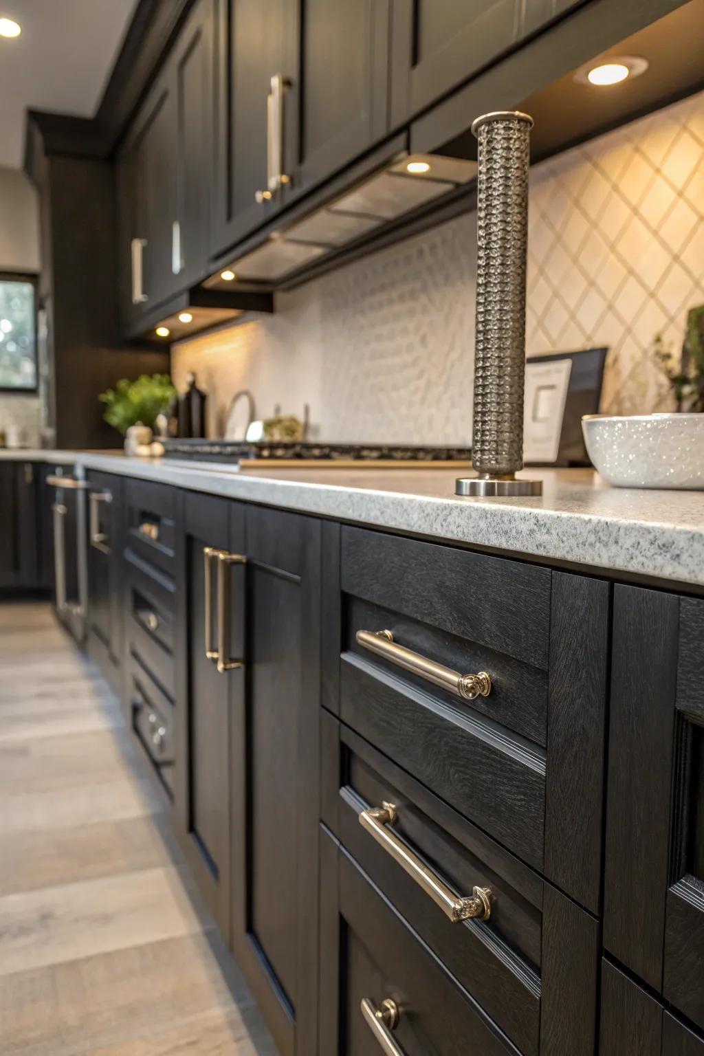 Structured metallic surfaces contributing dimension and sensory intrigue.
