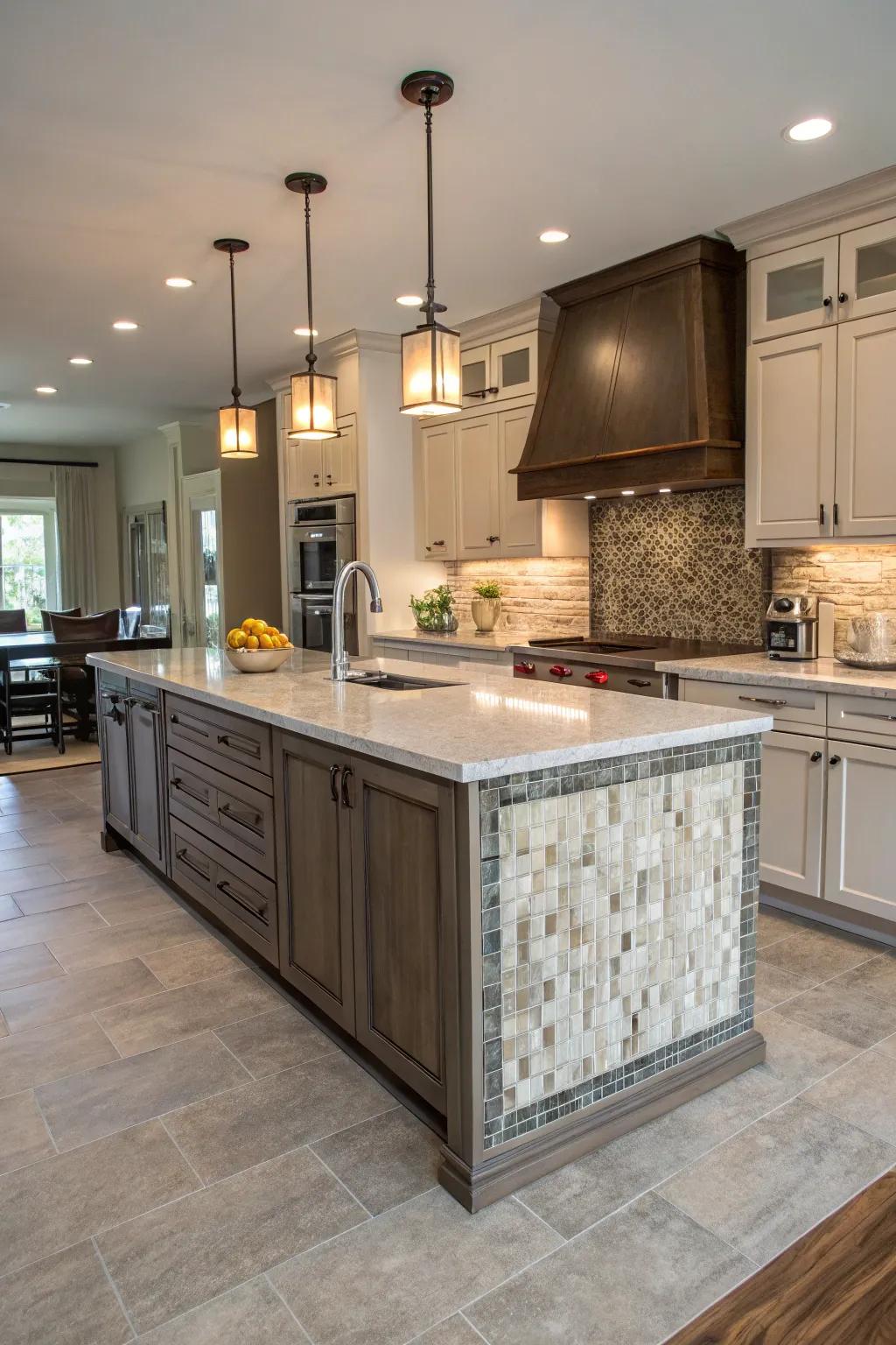 A unique island accentuated by textured stone finish for a tactile design element.