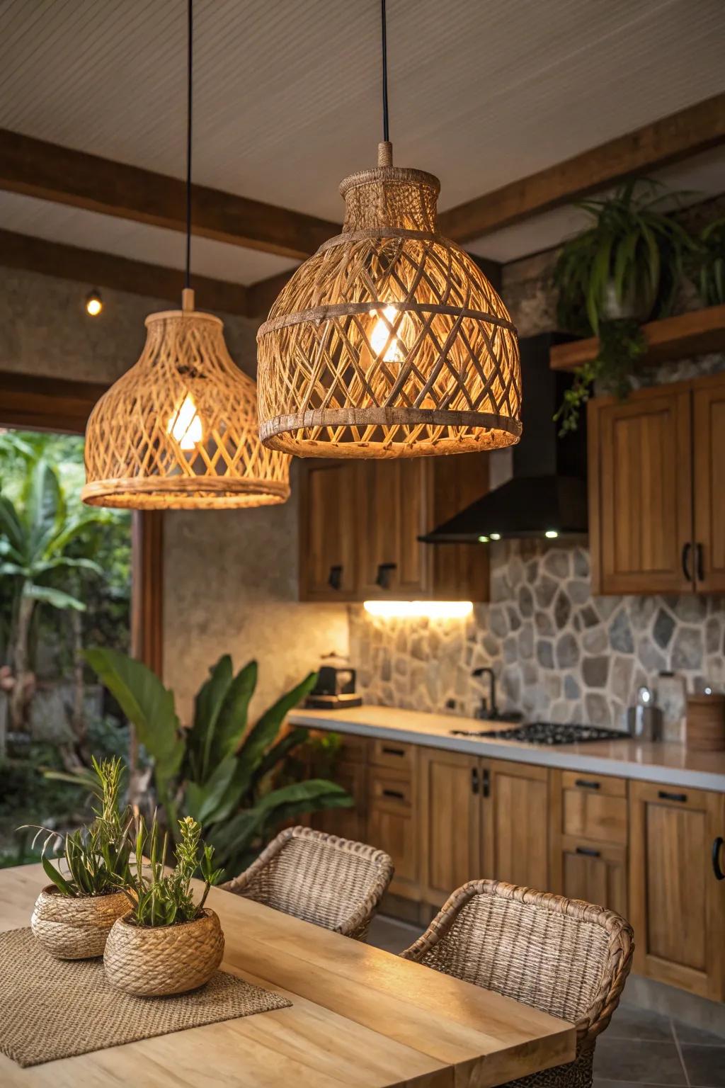 Natural substances in luminaire designs cultivate a cozy and inviting culinary ambiance.