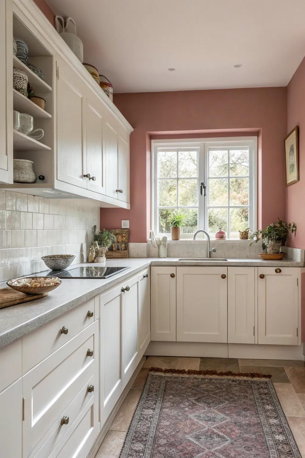 Faded rose walls introduce warmth and retro charm.
