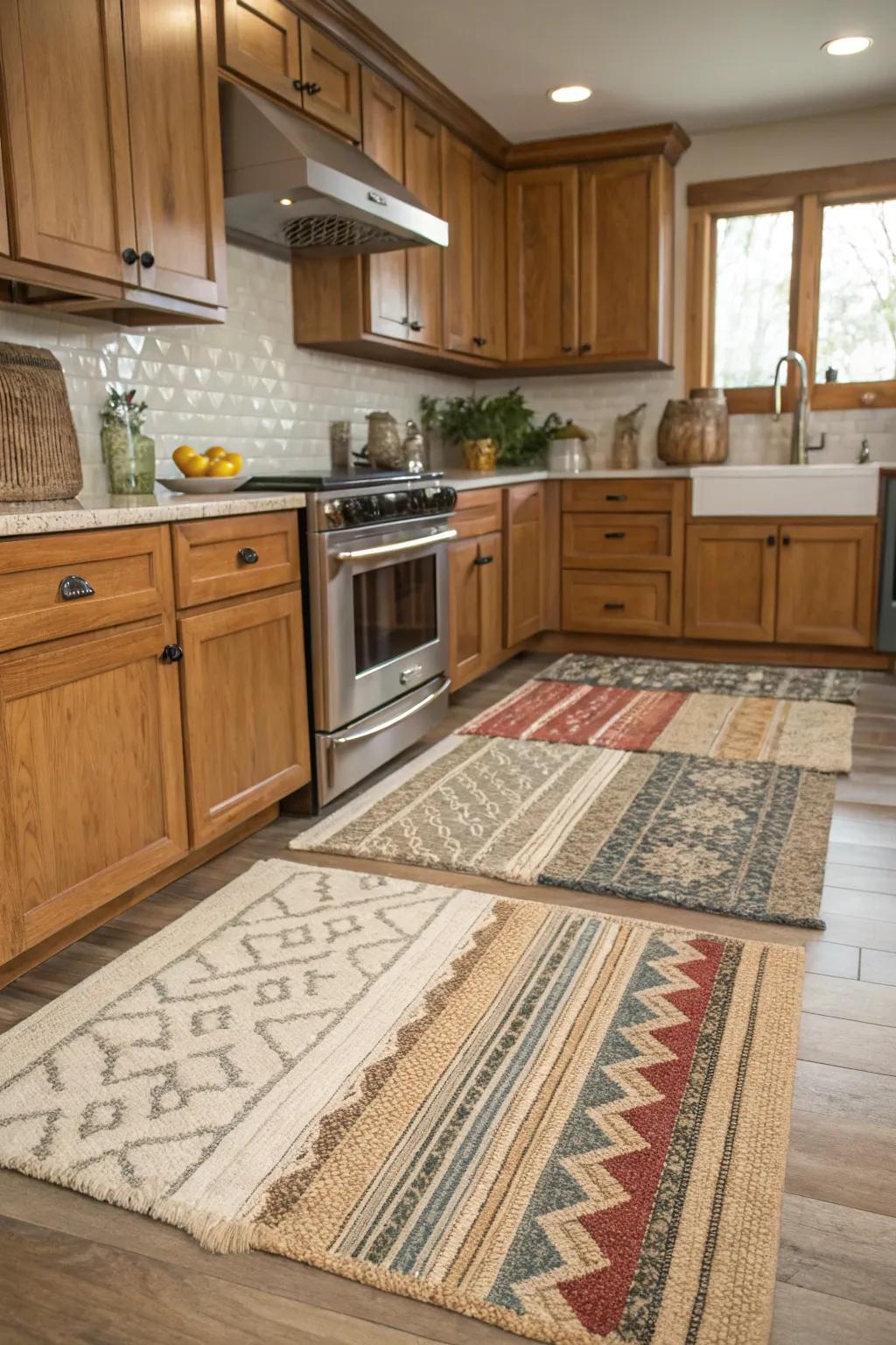 Superimposing rugs appends dimension and texture to kitchen spaces.