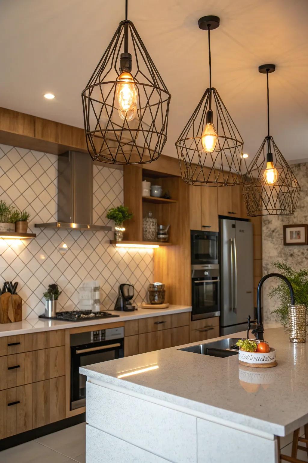 A kitchen spotlighting striking wall lights for a dramatic and functional nuance.