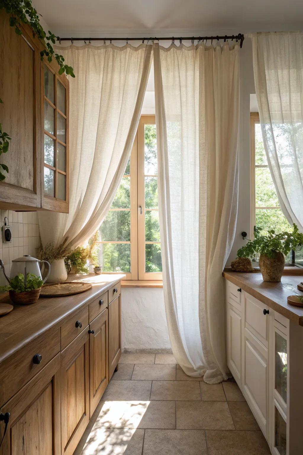 Canvas curtains contribute subtlety and grace to kitchen windows.