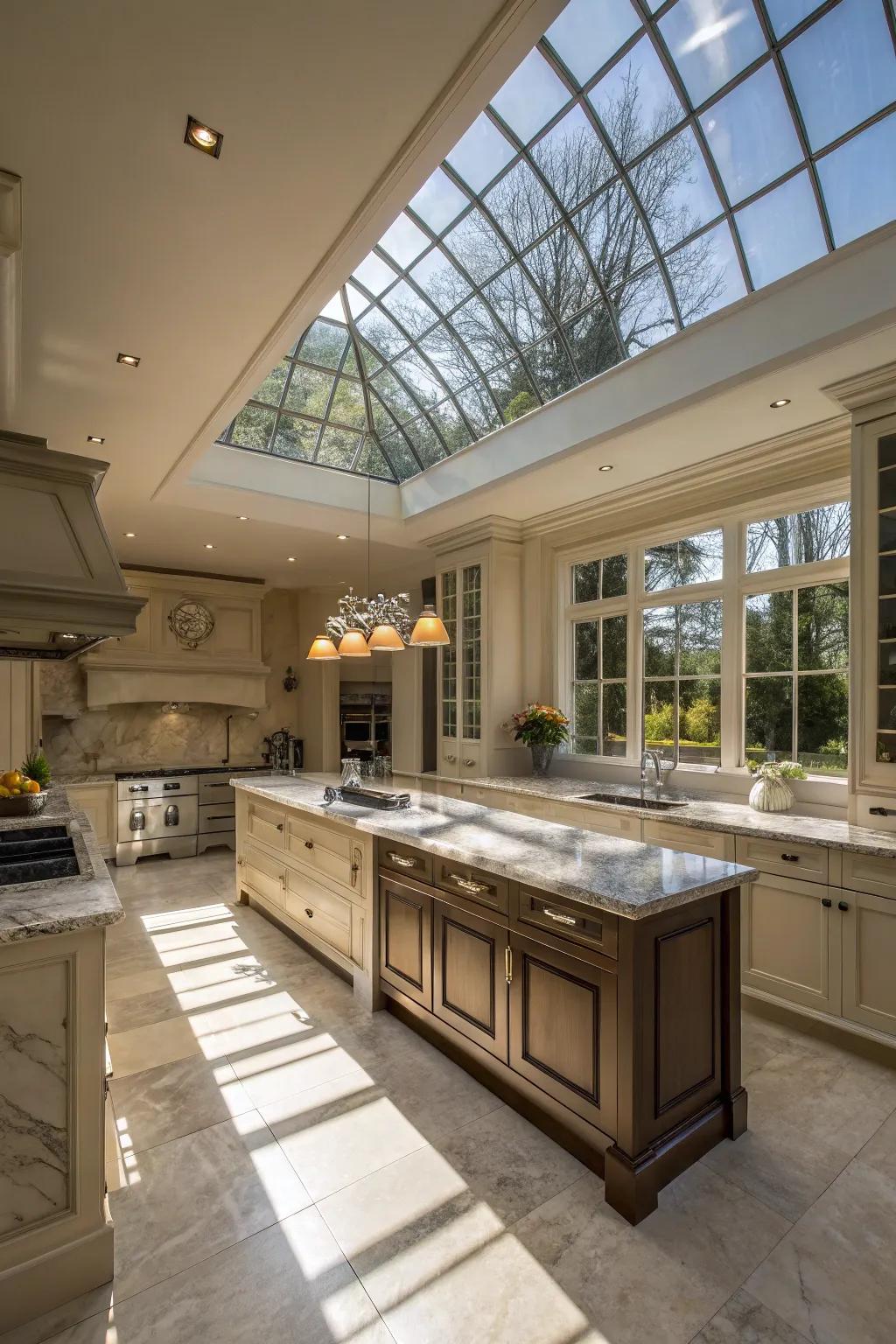 A skylight imparts an aura of opulence to this refined kitchen.