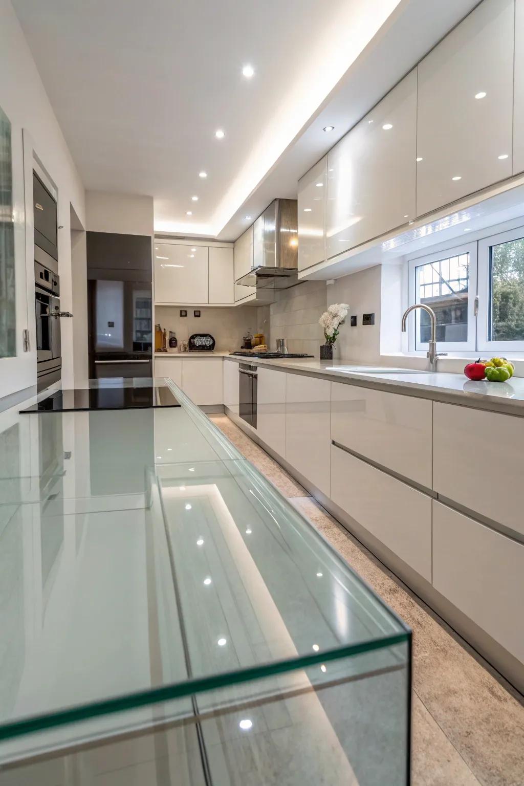 Glass surfaces provide a sleek, modern edge to kitchens.