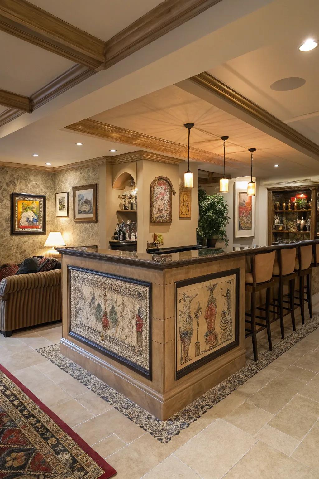 Custom art pieces impart this bar a personal element.