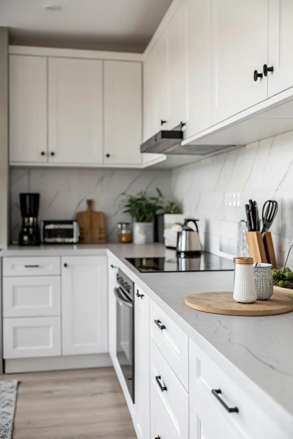 Monotone overlays provide a streamlined and up-to-date cooking space aesthetic.
