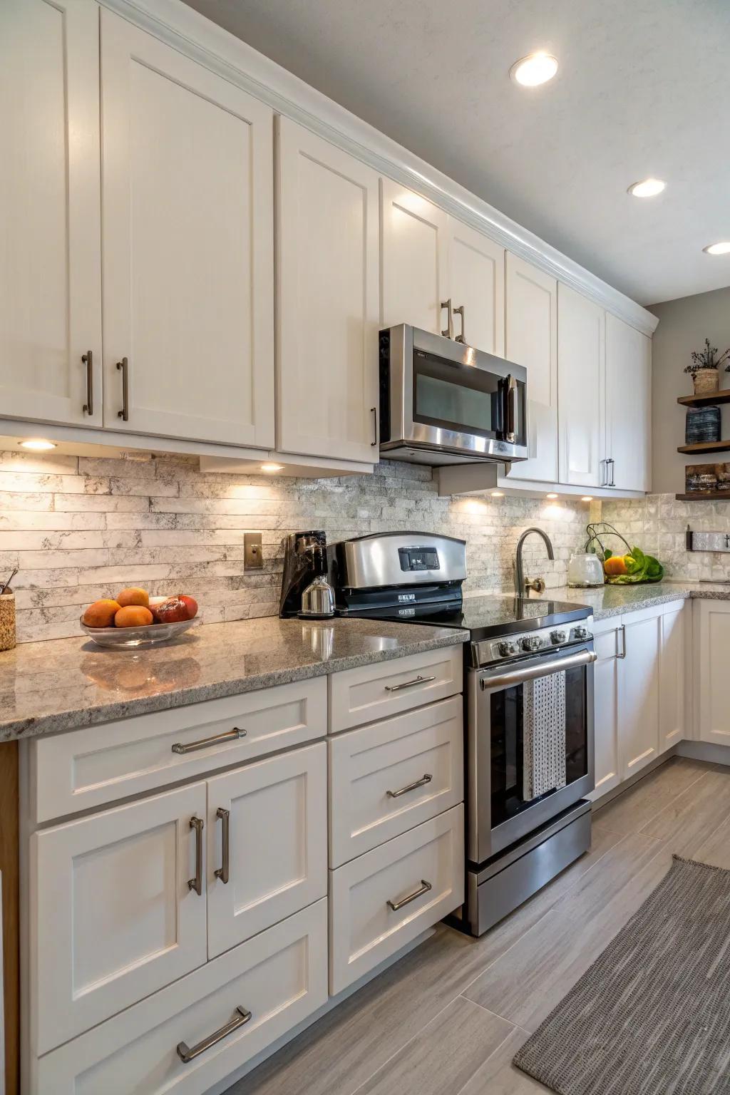 Effortless upkeep via wipe-clean laminate backsplash.