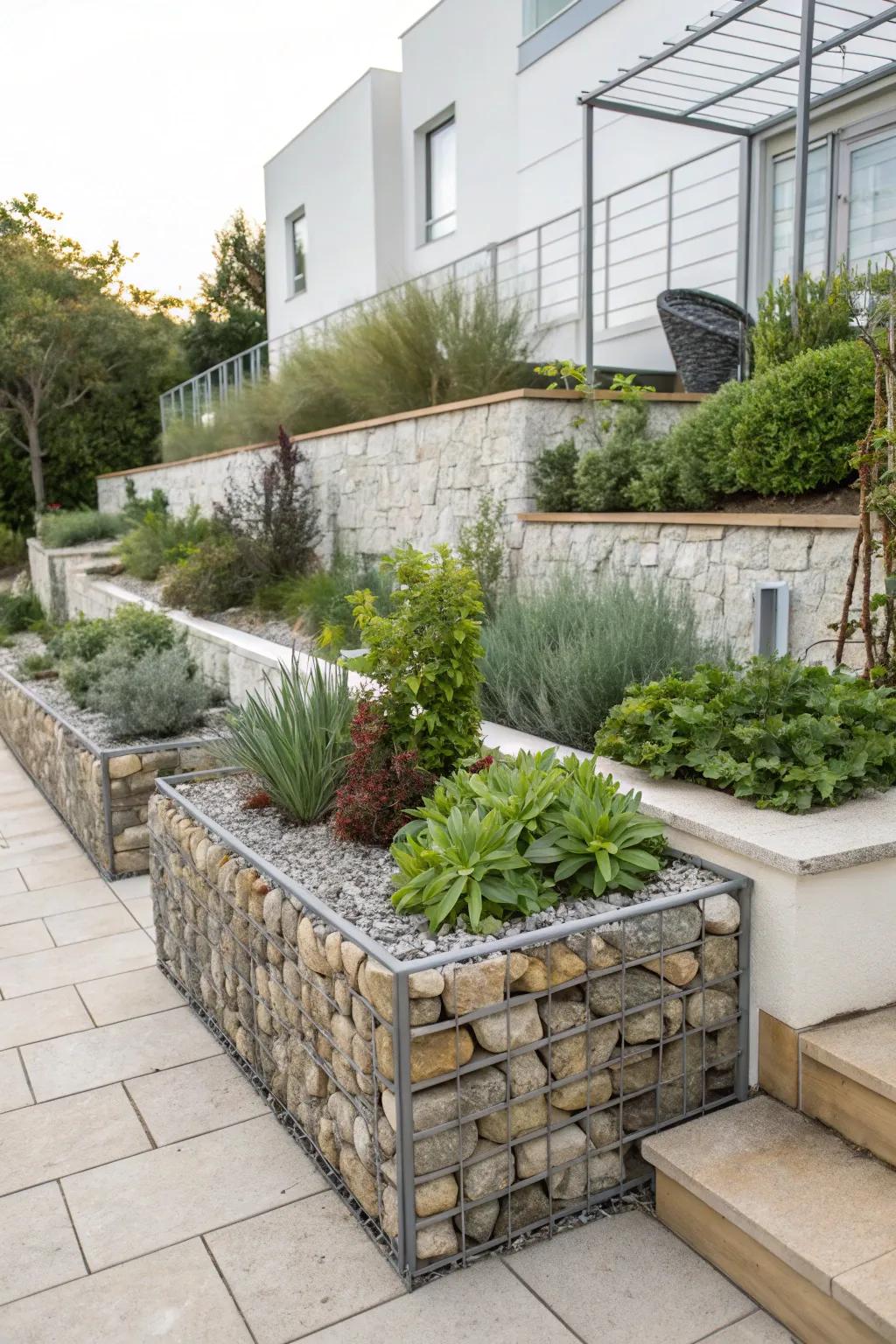 Gabion raised beds combine modern esthetics with practical water flow.