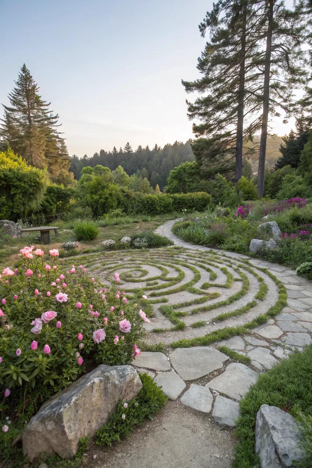 Stone labyrinths provide a path for meditation and reflection.