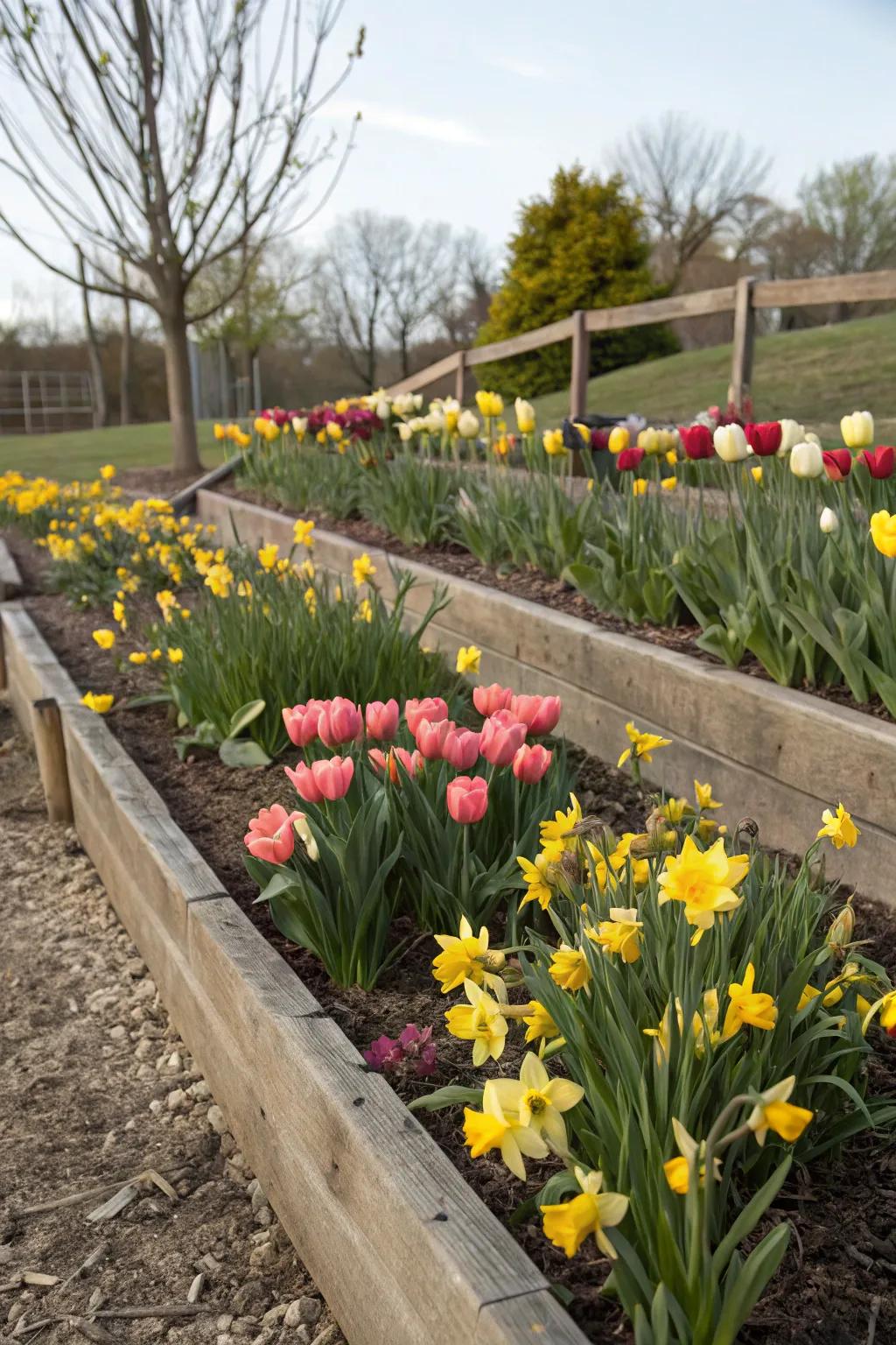 A garden bed showcasing the layered sowing technique with stratified tulips and daffodils.
