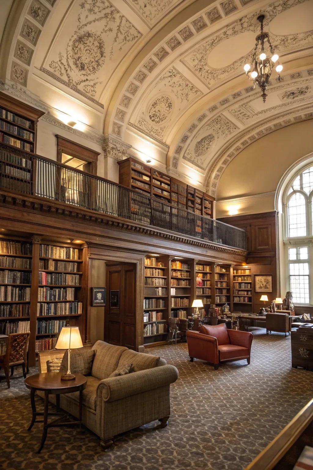 A commodious library, embellished with expansive crown molding, thereby affording a classic and refined reading expanse.