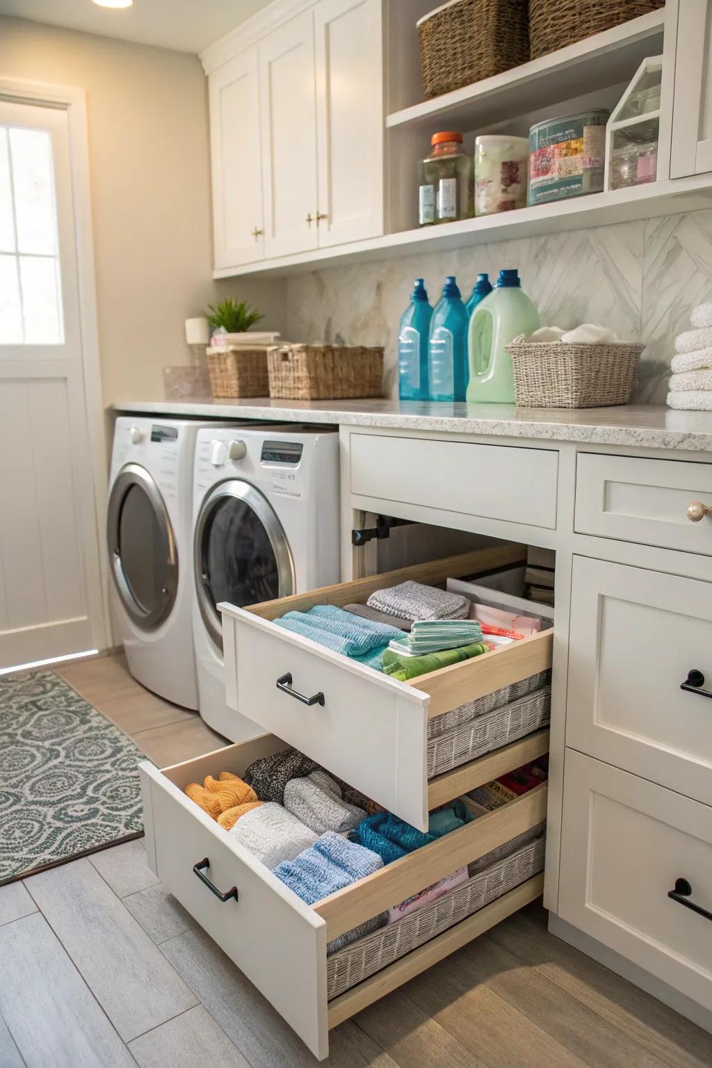 Pull-out drawers offer organized, accessible storage.