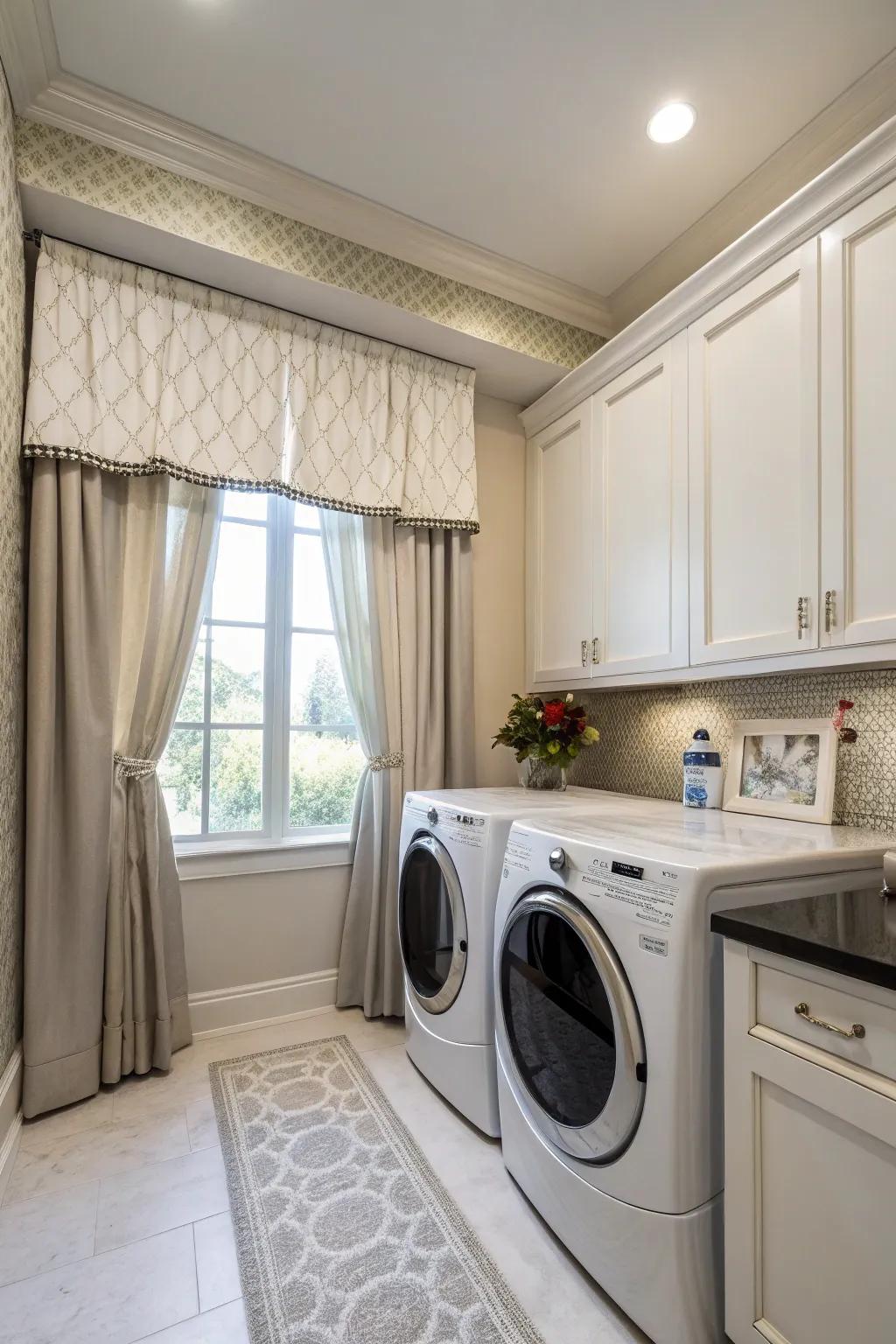 A cornice can provide a polished look to your laundry room drapes.