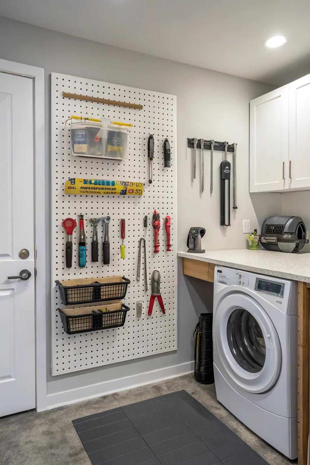 Keep tools accessible and organized using a pegboard.