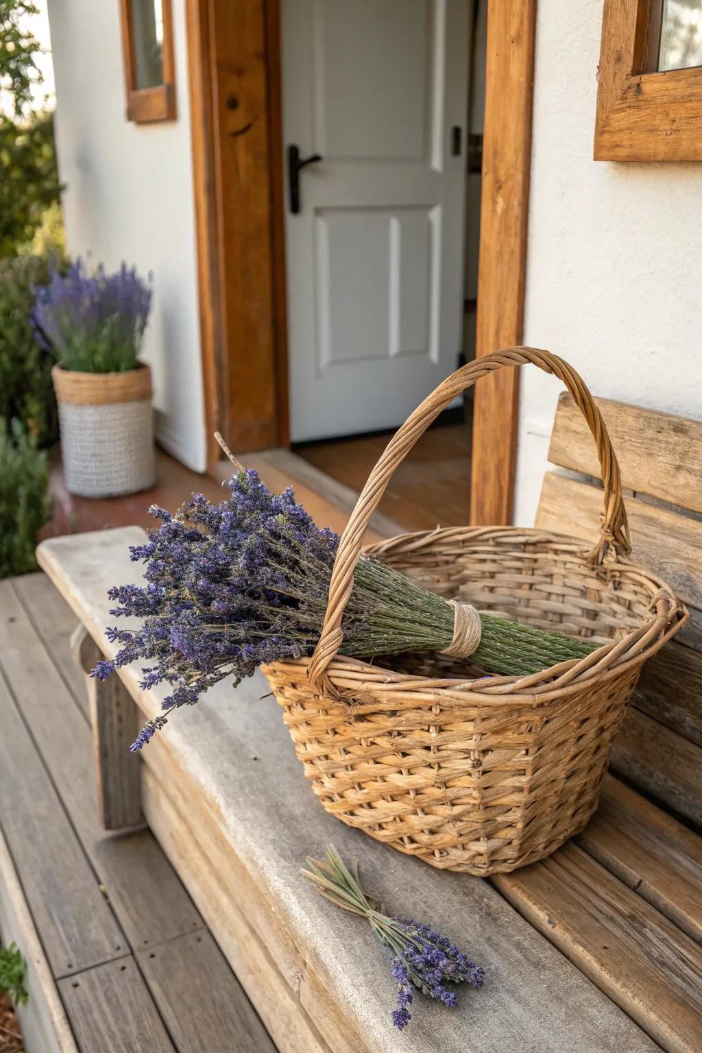 Welcoming charm expressed via container design adorned with lavender.