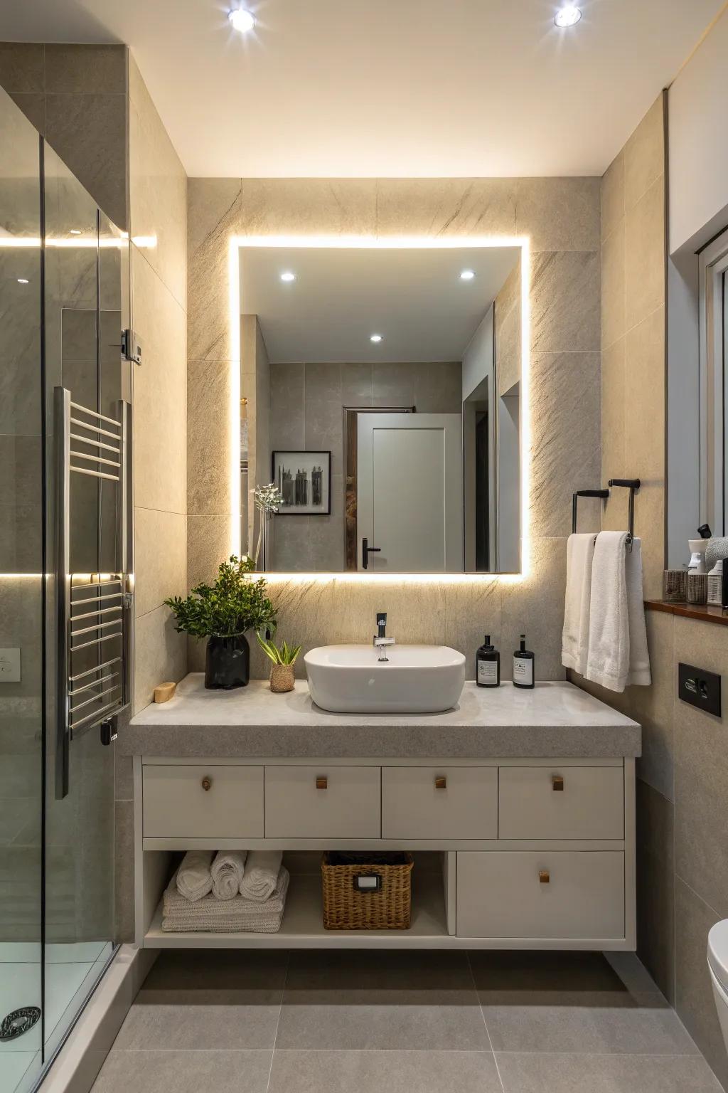 A versatile bathroom design incorporates an LED mirror that provides adjustable color temperature.