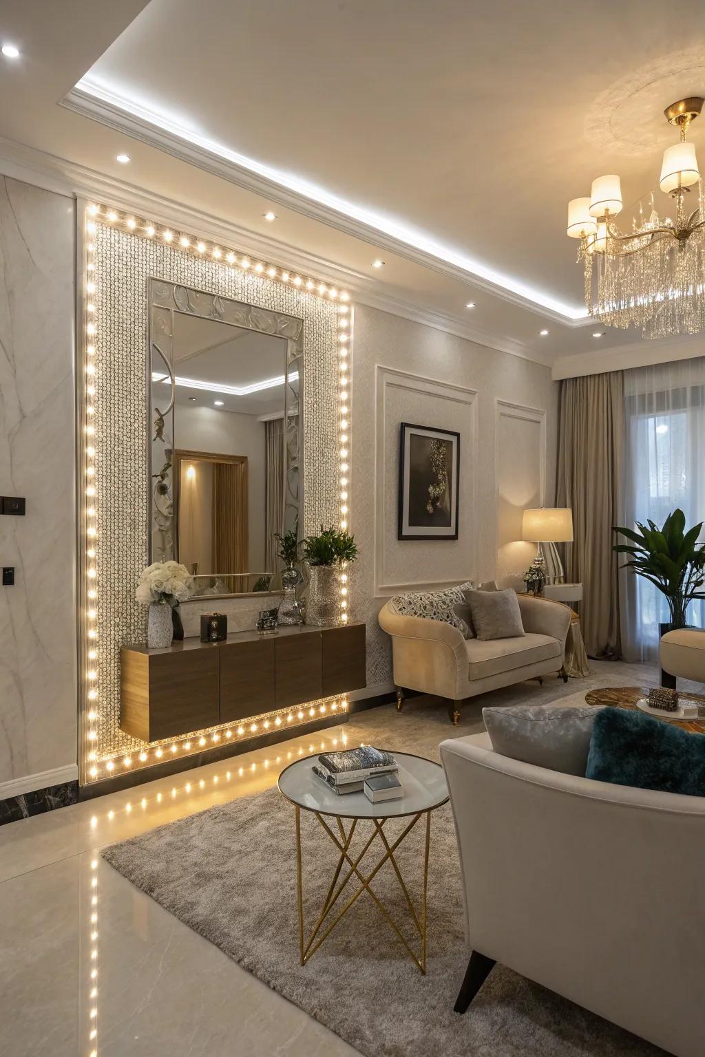 Opulent LED mirror accents for a spacious sensation.