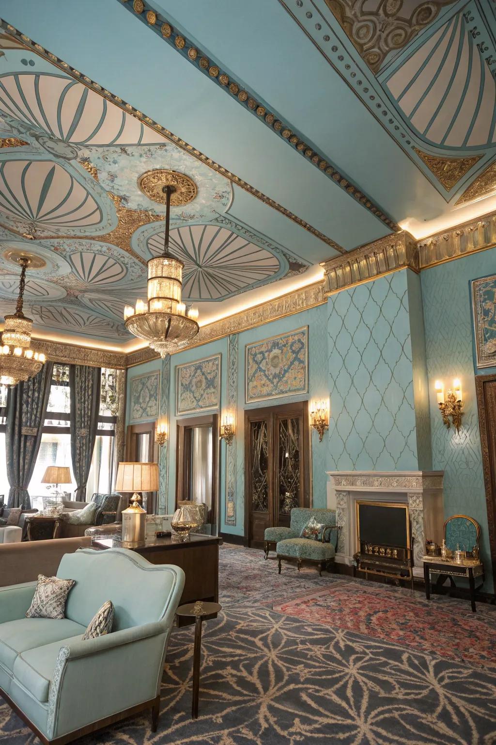 An Art Deco chamber featuring a striking sky-blue overhead surface.