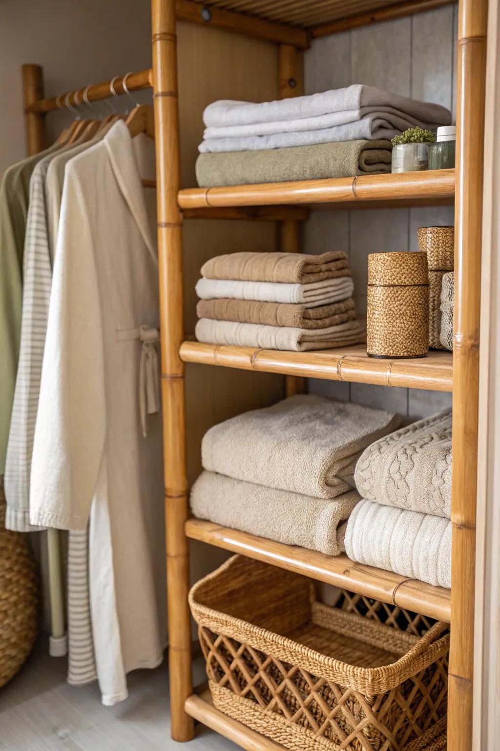 Eco-friendly bamboo shelves impart warmth and sustainability.
