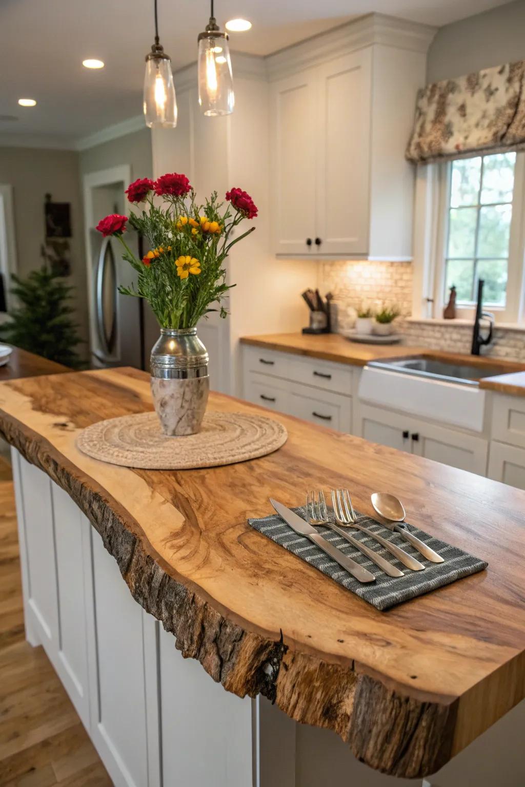 A custom-shaped live edge countertop tailored for a unique kitchen area.