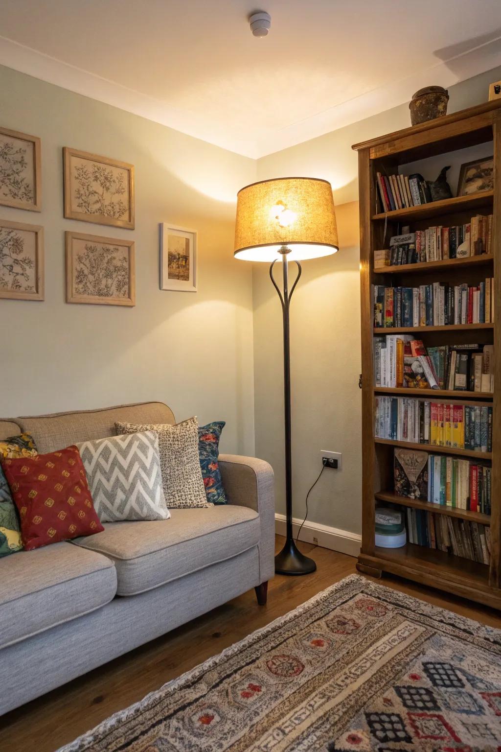 A small family room featuring a space-saving floor lamp.