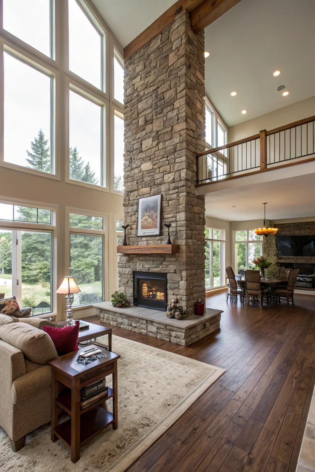 A stone fireplace can effectively define spaces in an open room layout.