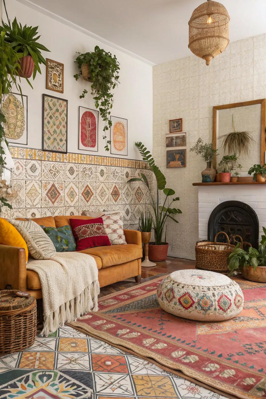 Eclectic lounge with boho tile patterns.