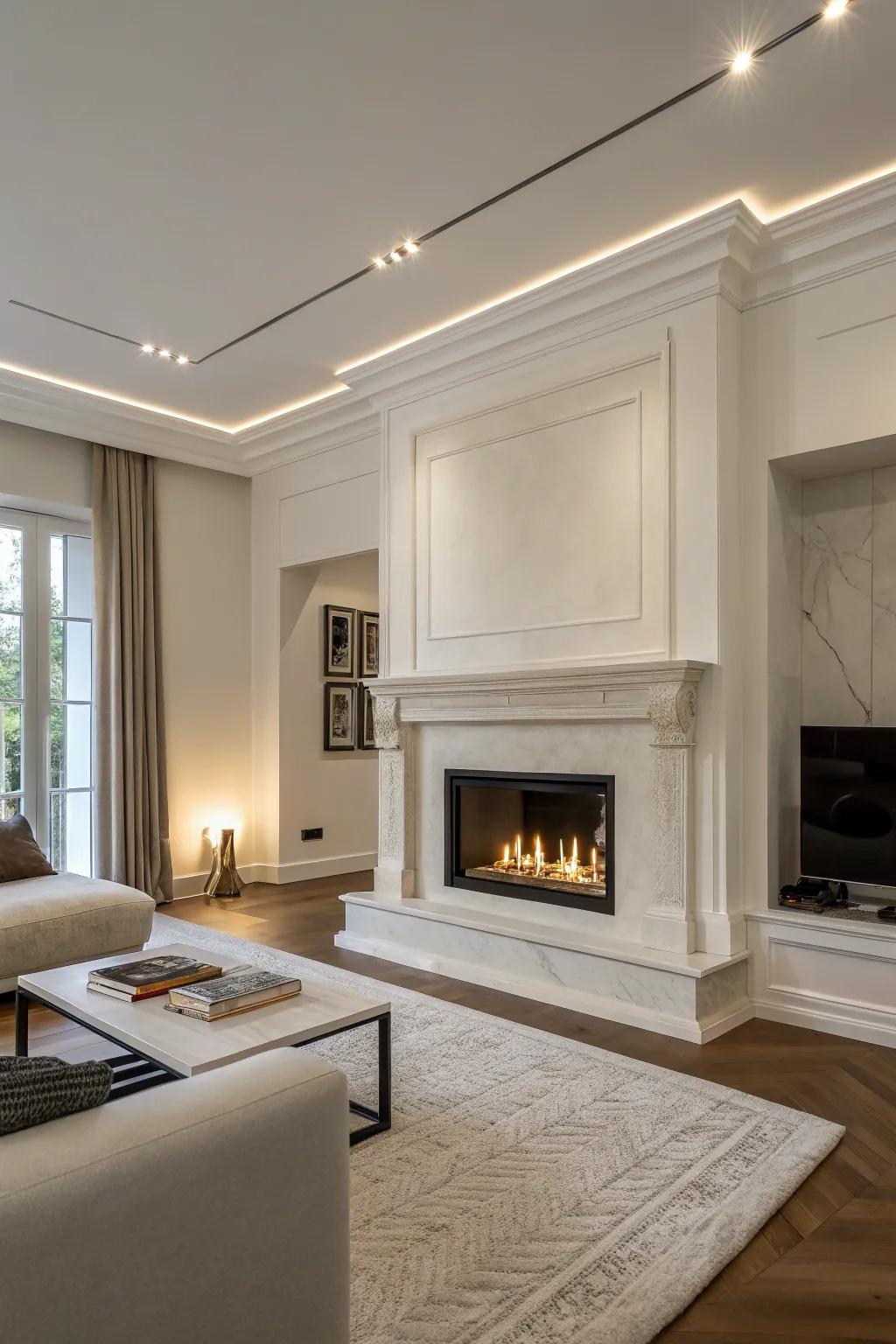 A minimalist living room featuring a streamlined fireplace and minimal decor.