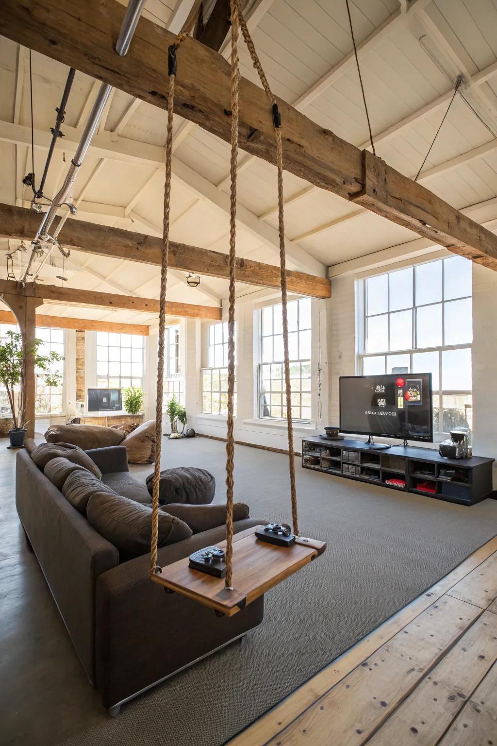 An indoor swing offers a fun and relaxing touch to the game area.