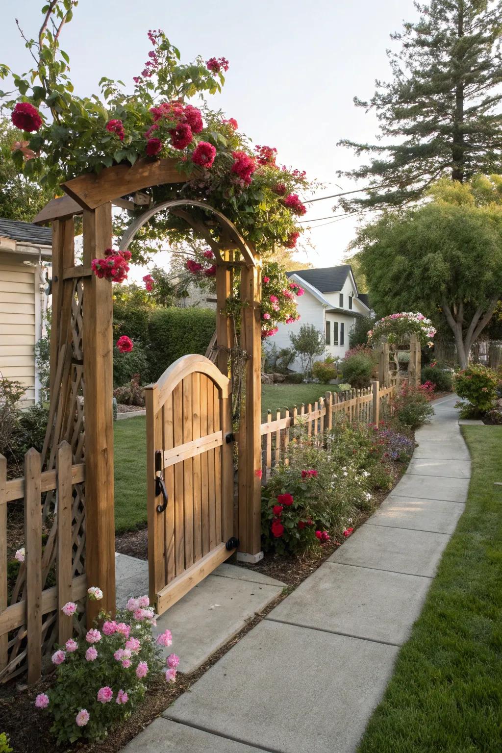 An arched timber entrance appends a welcoming nuance to this front yard.