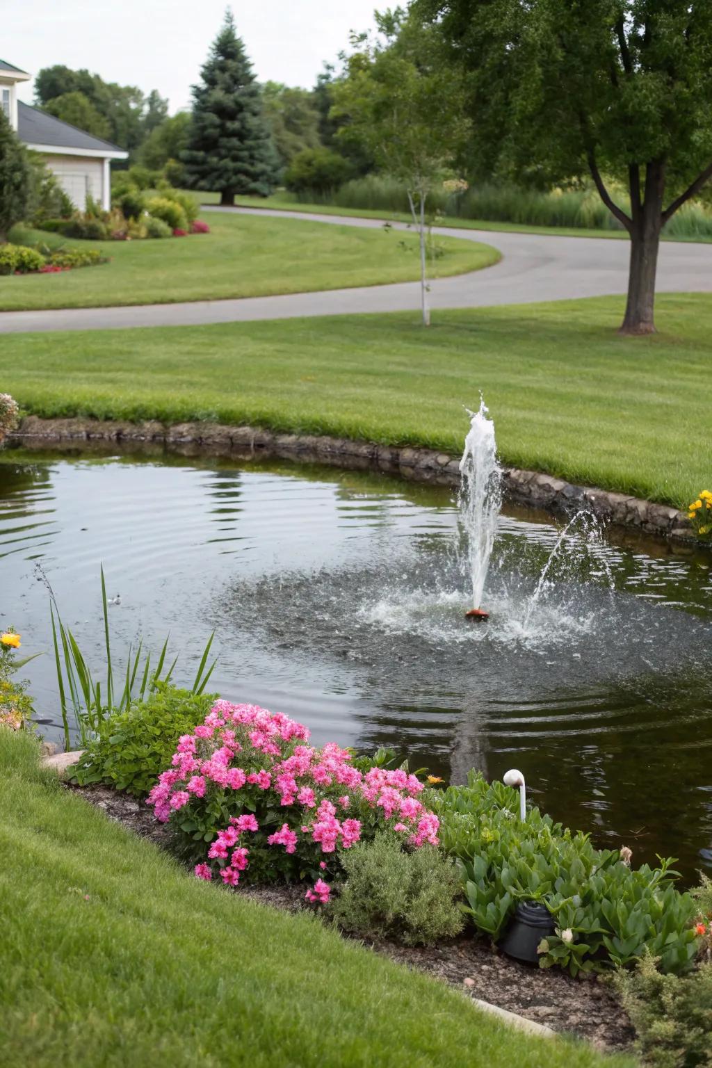 A water feature welcomes peace and nature into the yard.
