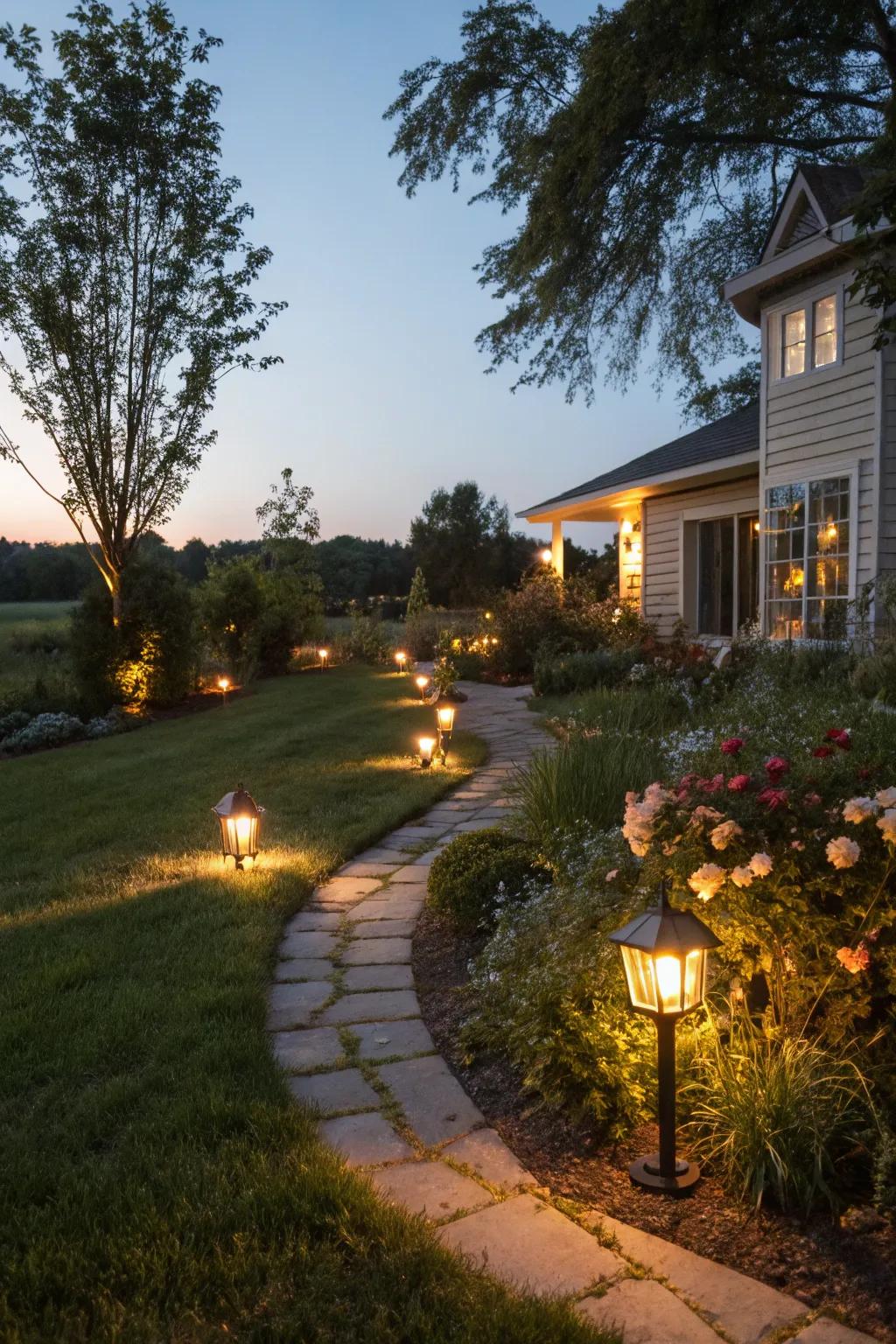 Exterior illumination establishing ambiance and security in the yard.
