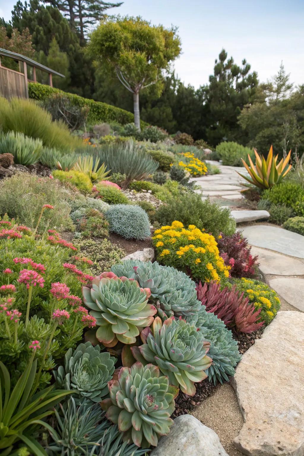 Succulent highlights bring contemporary flair and low upkeep.