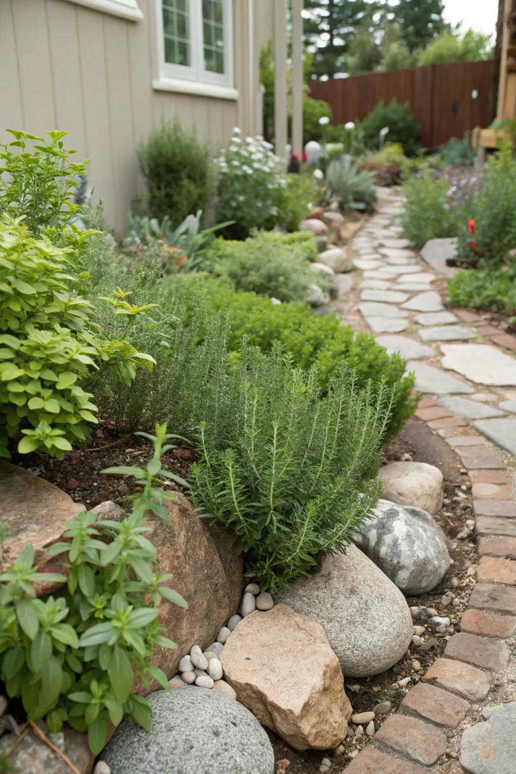 Edible plants thriving among rocks.