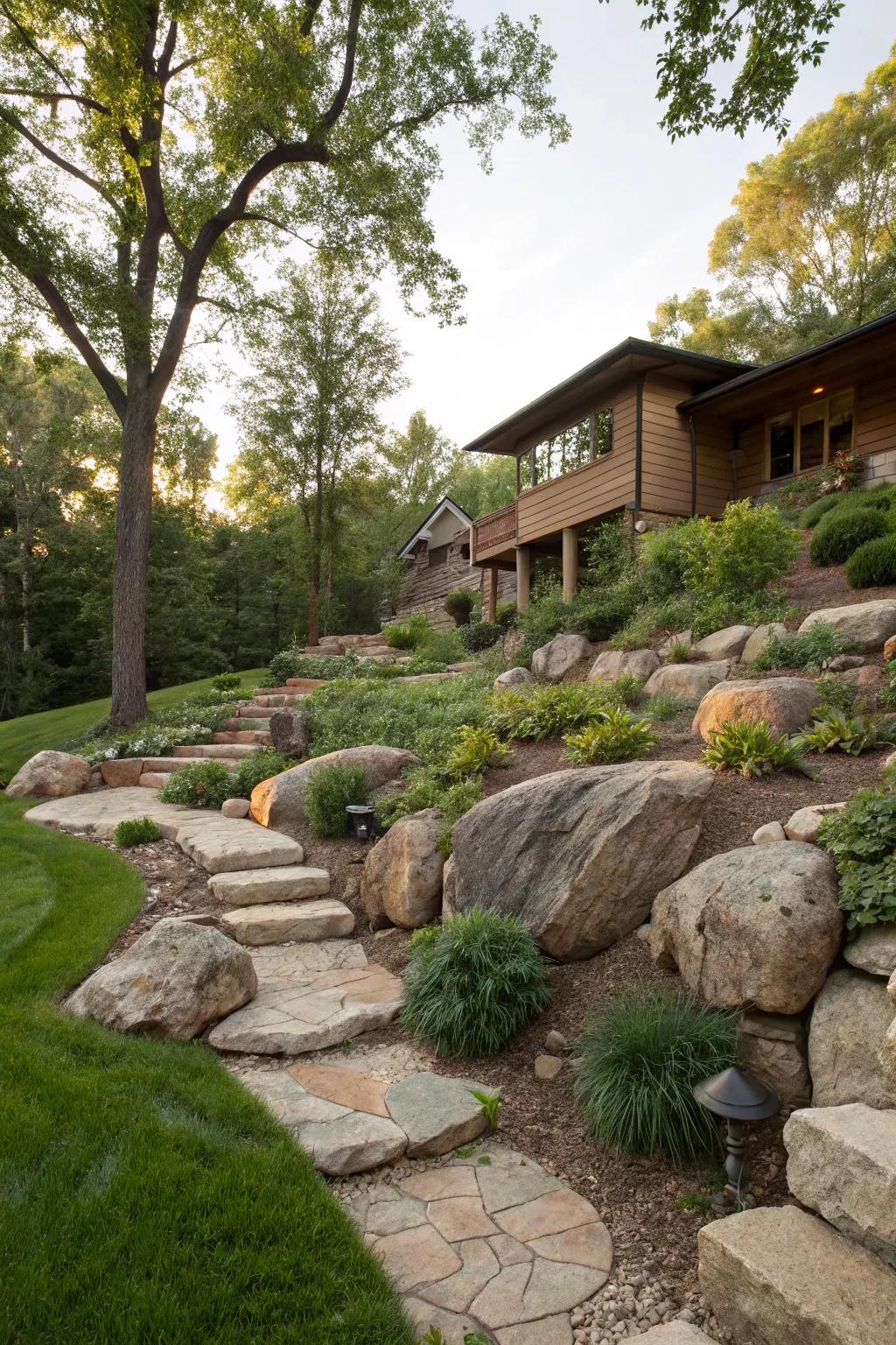 Natural stone accents enhance the rustic charm of sloping yards.