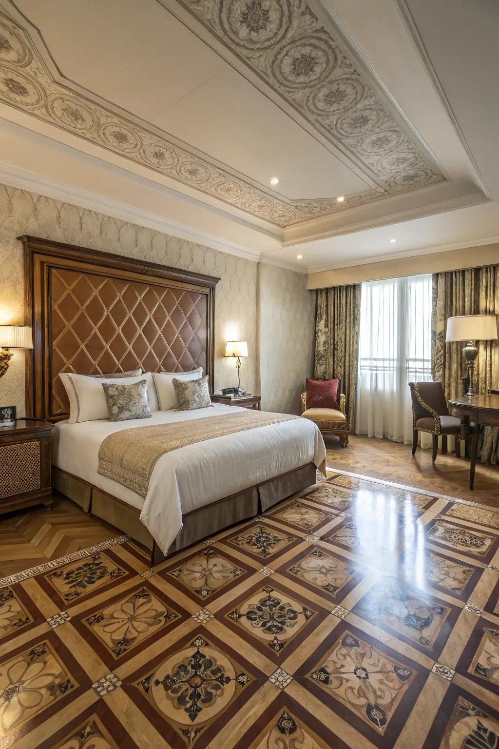 A luxurious bedroom showcasing flooring that adds identity to the space.