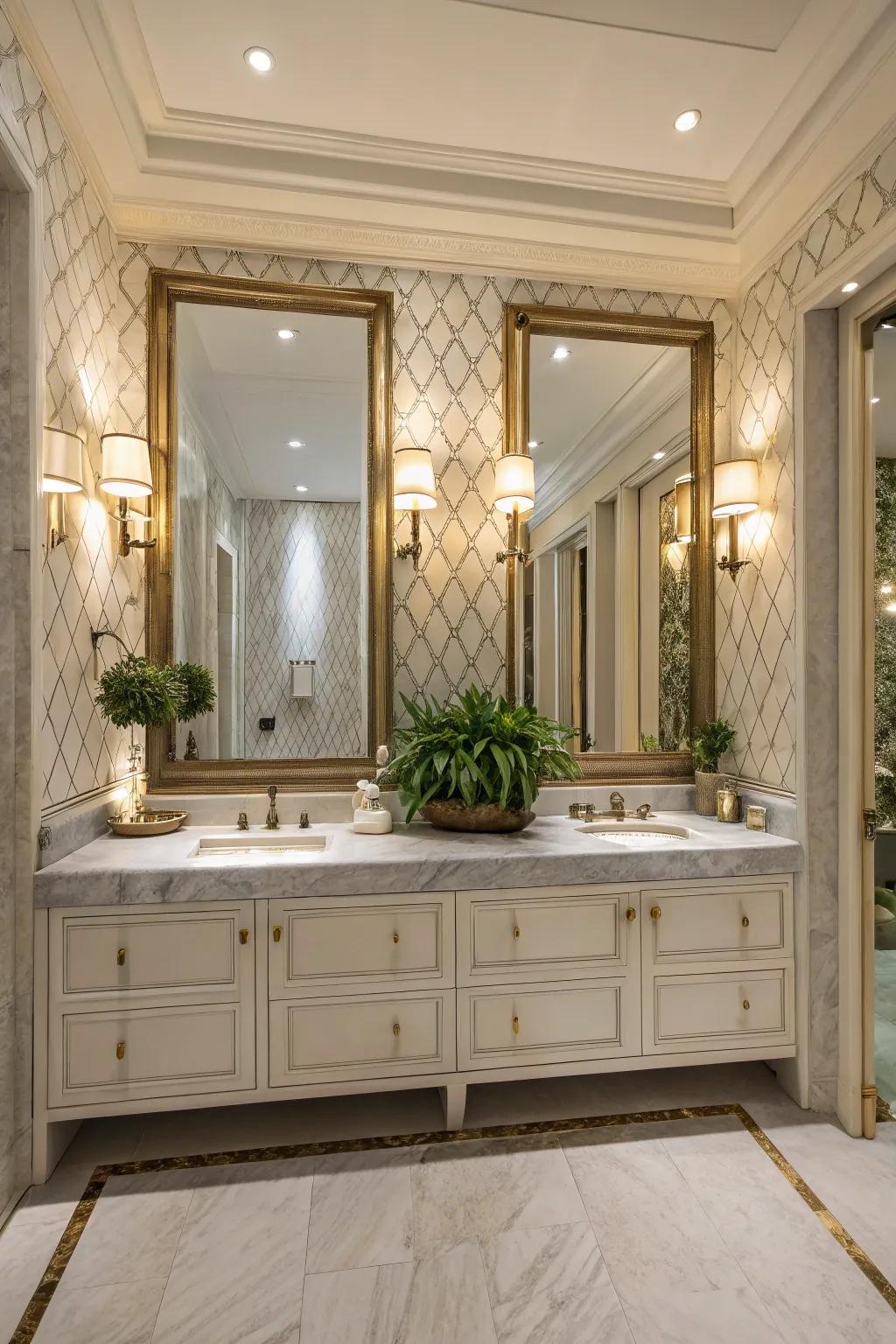 Mirrors craft a sense of space and openness in this bathroom.