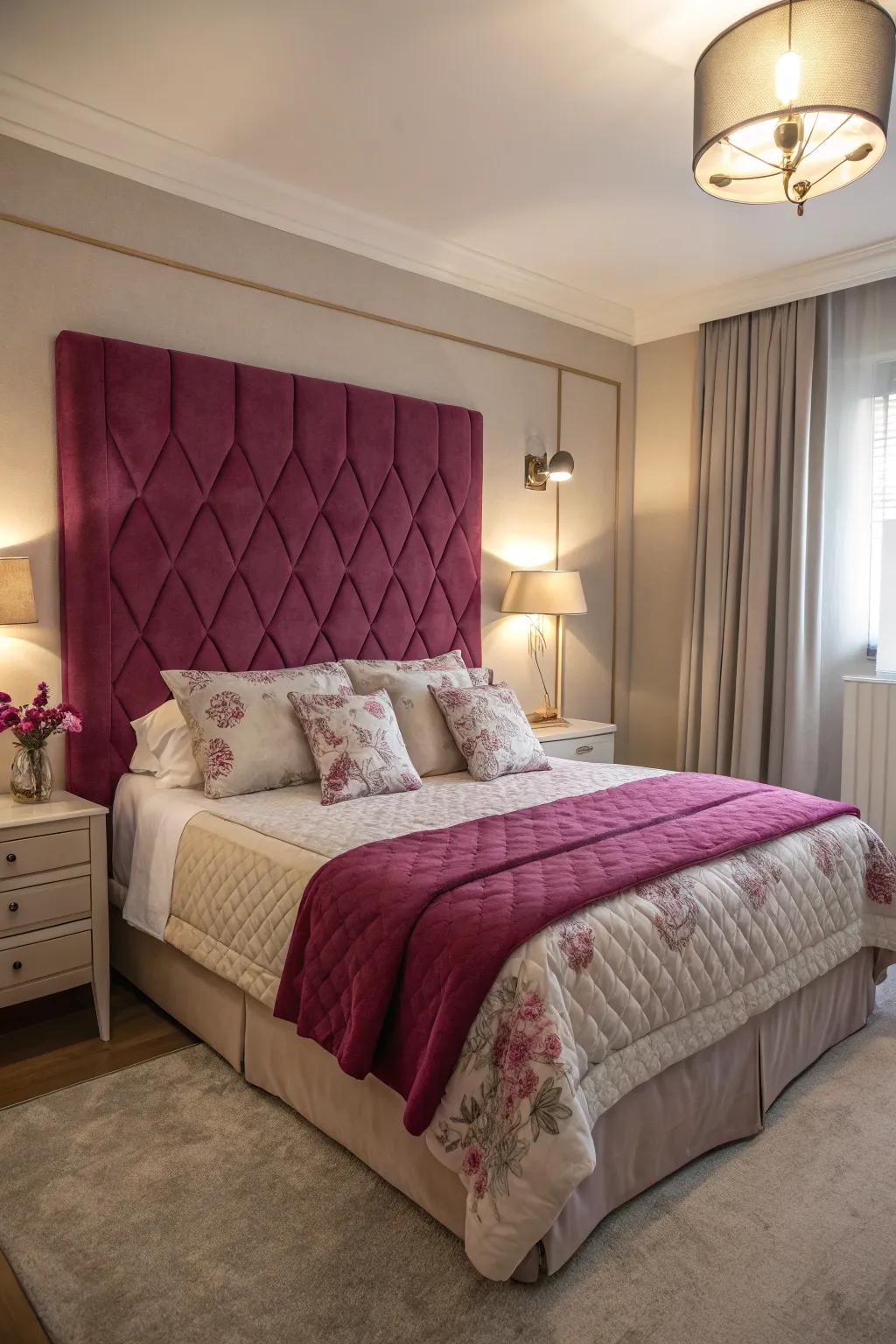 A cerise headboard makes a bold statement in this elegant bedroom.