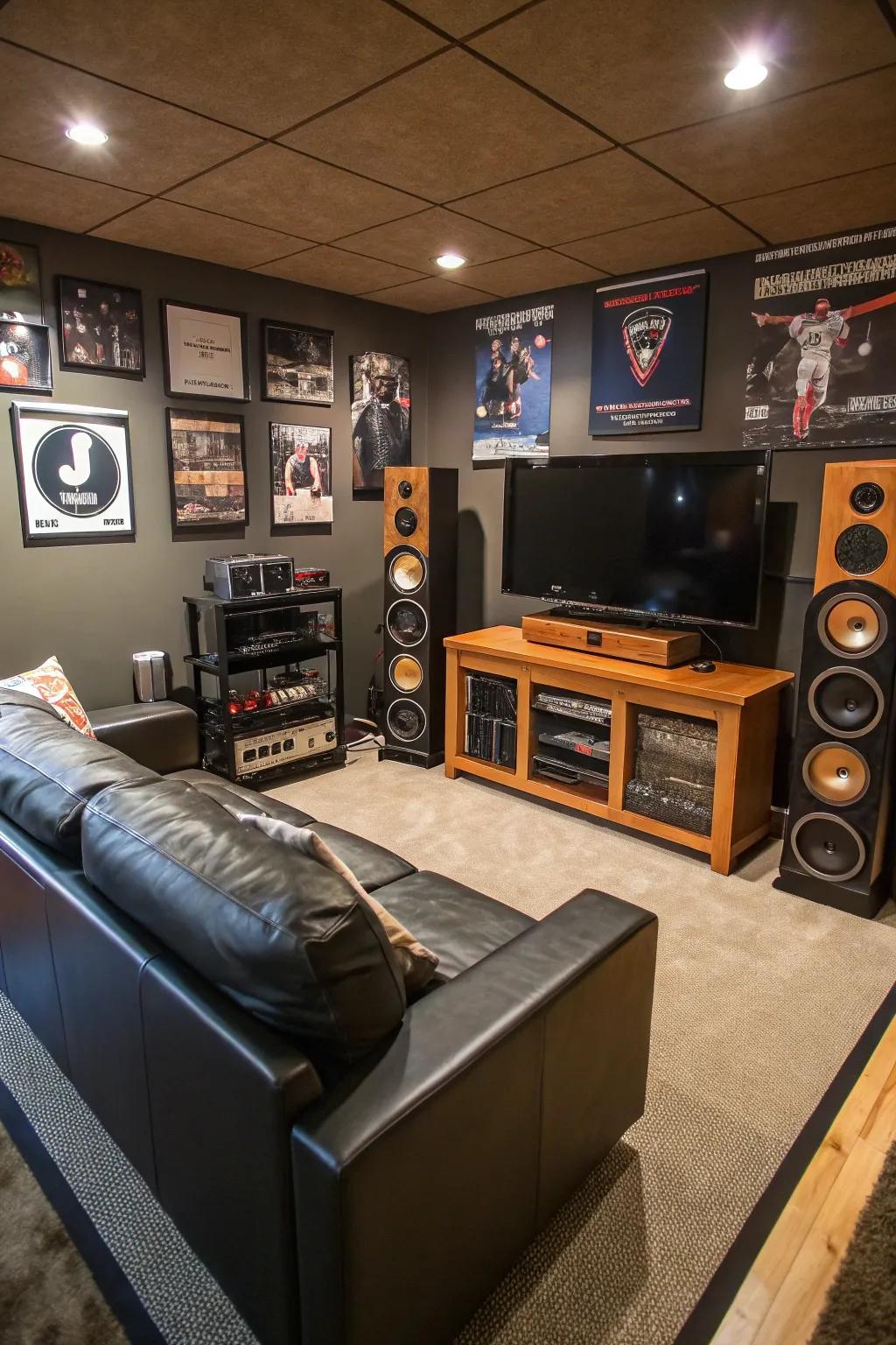 A personalized audio environment contributes to a fully immersive vibe inside this man cave.