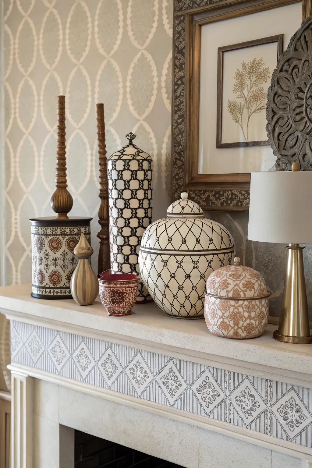 Playful patterns bring personality and visual intrigue to the mantel.