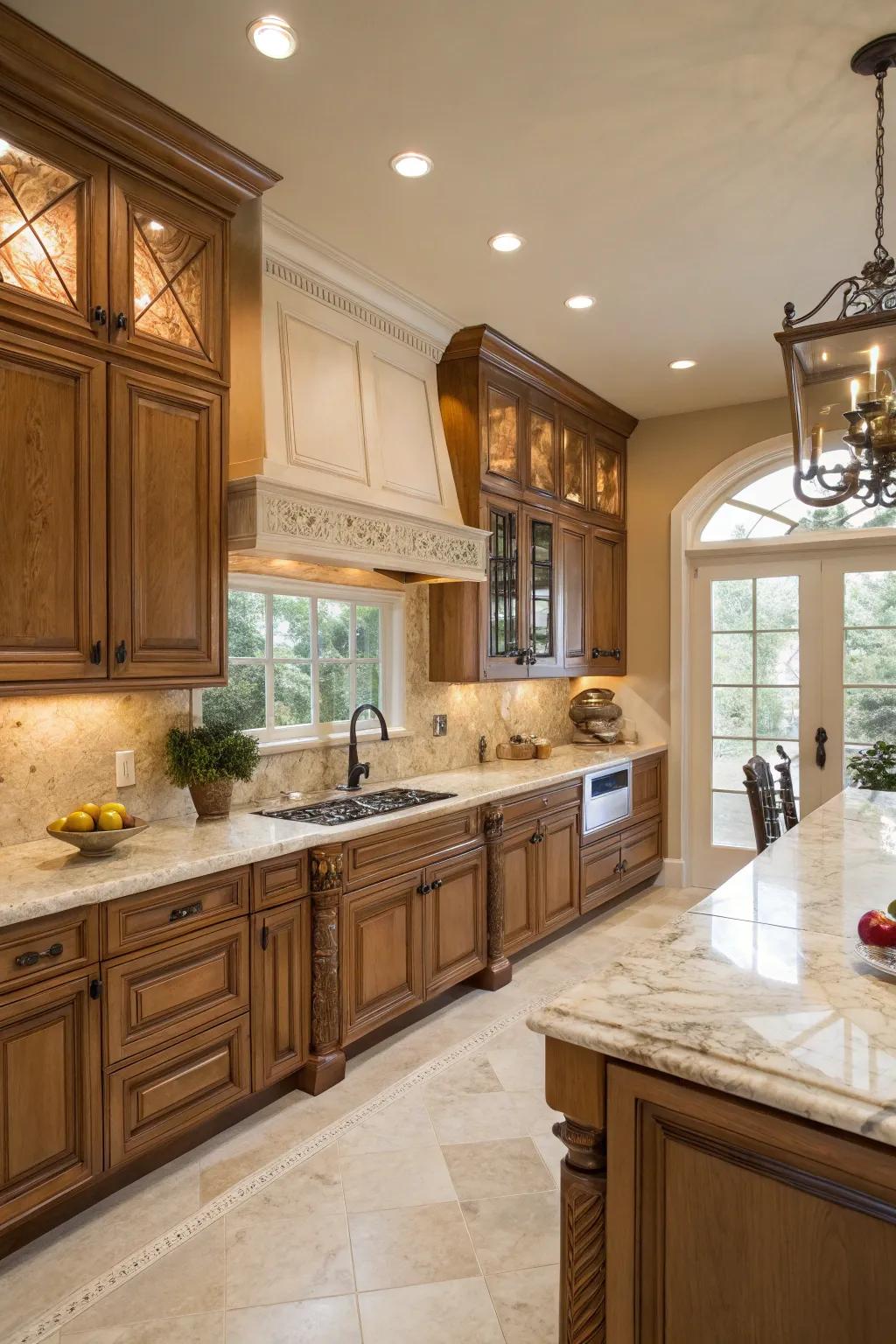 An opulent culinary space featuring the elegant mix of lightwood units and polished stone.