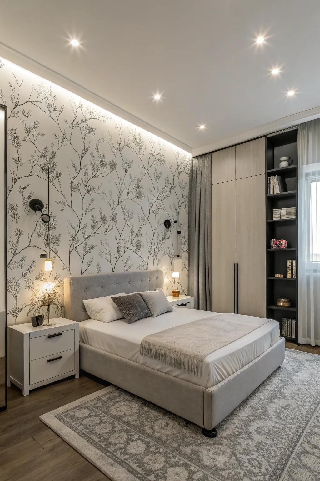 Monochrome wallcovering for a pristine, stylish appearance.