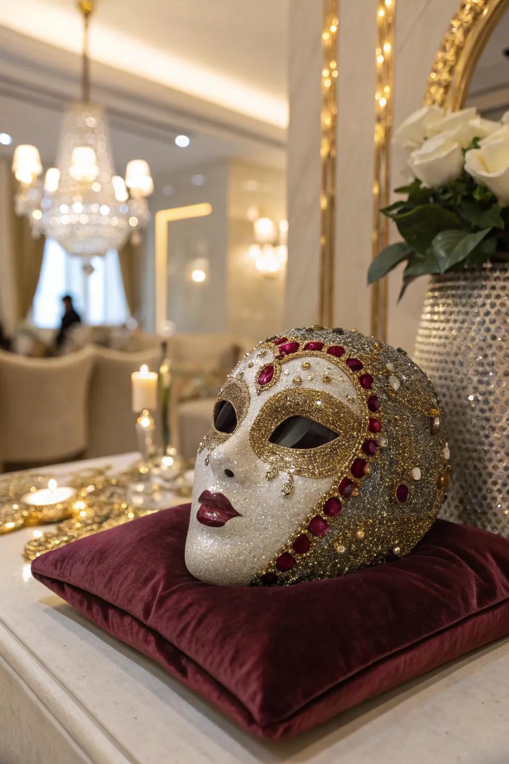 A glamorous mask sculpture shimmering with luxurious details.