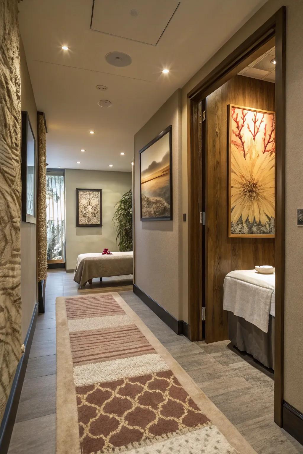 An inviting entryway establishes the tonality for the massage venture.