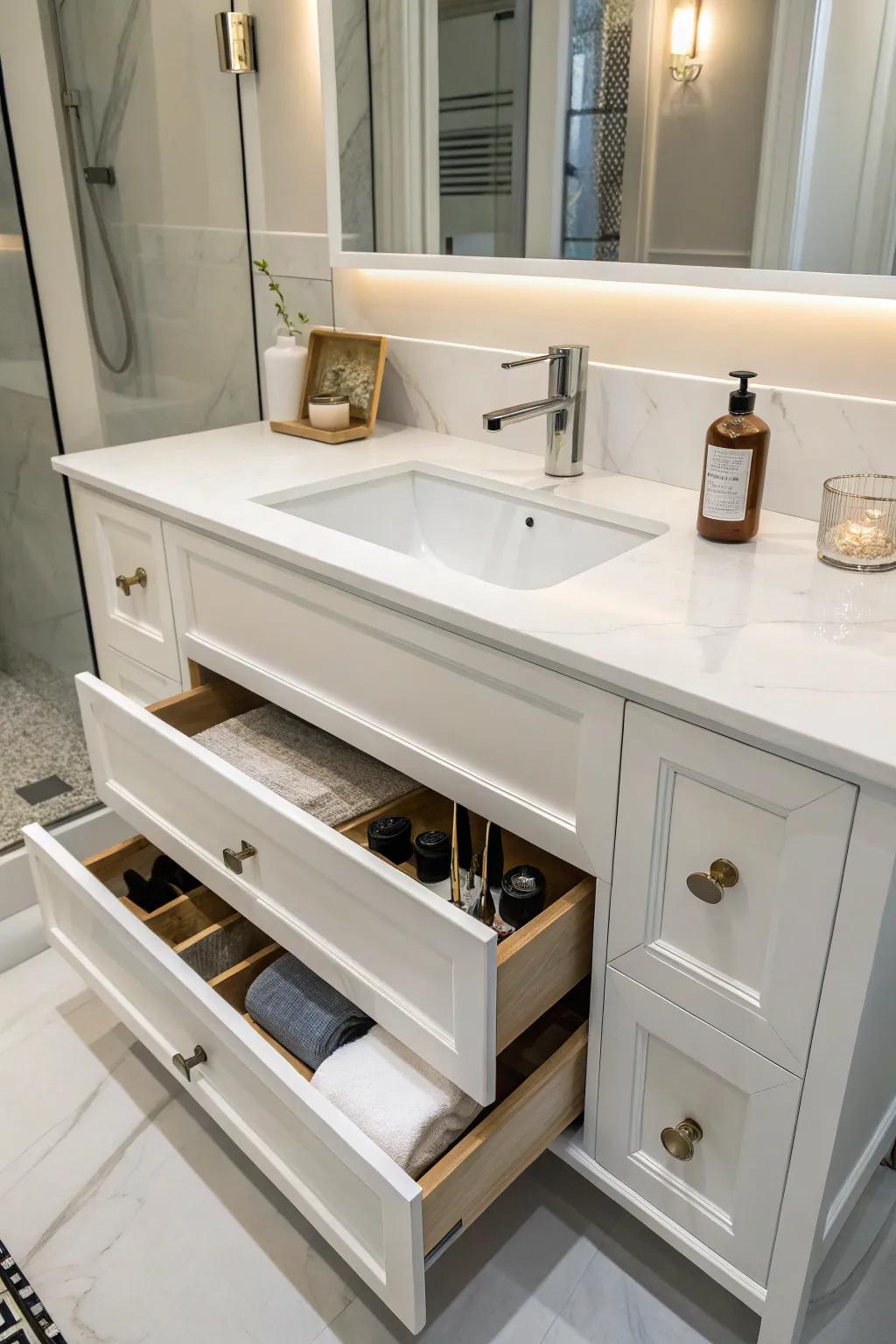 A restroom vanity that showcases concealed storage compartments to provide a clutter-free aesthetic.